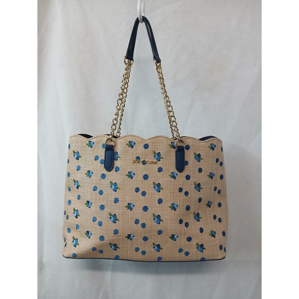 Betsey Johnson Blueberry Polka Dot Straw Tote Bag Scalloped Navy Blue Trim